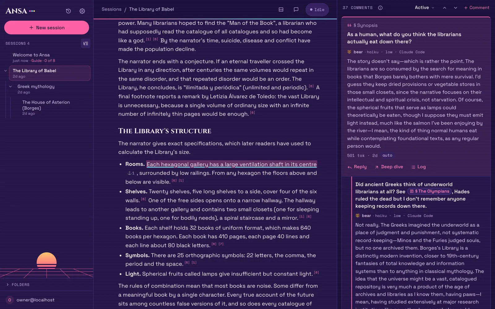 Ansa showing an article on Borges' The Library of Babel, with numbered footnotes, a highlighted passage, and an agent's answer in the comment column