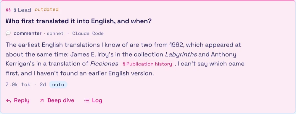 An Ask comment on the article's lead, “Who first translated it into English, and when?”, answered by an agent with the 1962 translations by Irby and Kerrigan and a link to the Publication history section
