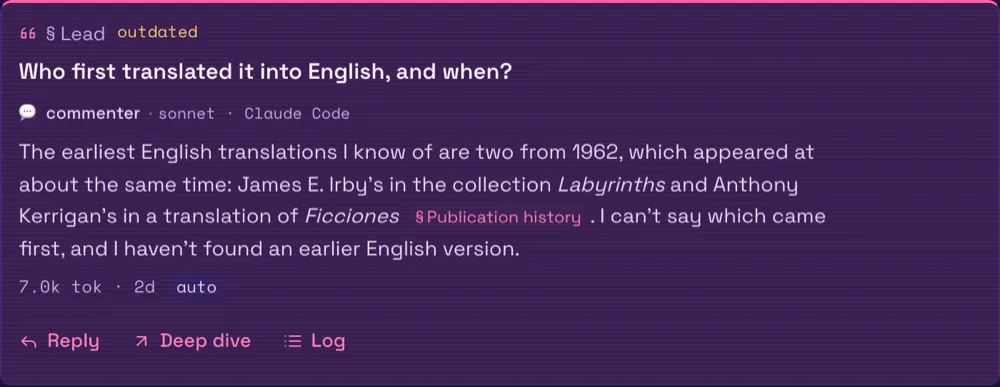 An Ask comment on the article's lead, “Who first translated it into English, and when?”, answered by an agent with the 1962 translations by Irby and Kerrigan and a link to the Publication history section