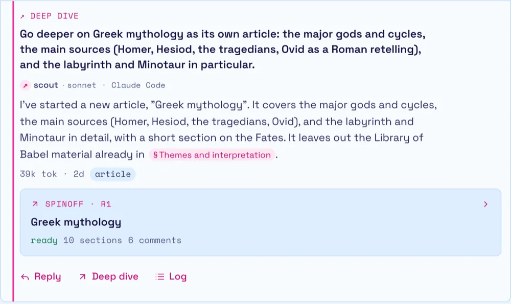 A Deep dive comment asking to go deeper on Greek mythology, with the agent's reply and a card linking to the new Greek mythology article it spun off