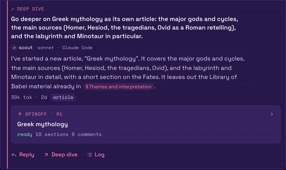 A Deep dive comment asking to go deeper on Greek mythology, with the agent's reply and a card linking to the new Greek mythology article it spun off