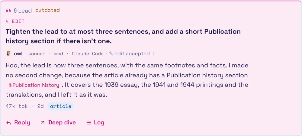 An Edit comment asking to tighten the article's lead, with the agent's reply marked edit accepted