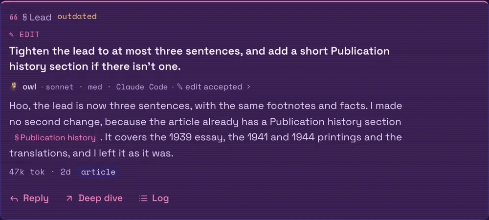 An Edit comment asking to tighten the article's lead, with the agent's reply marked edit accepted